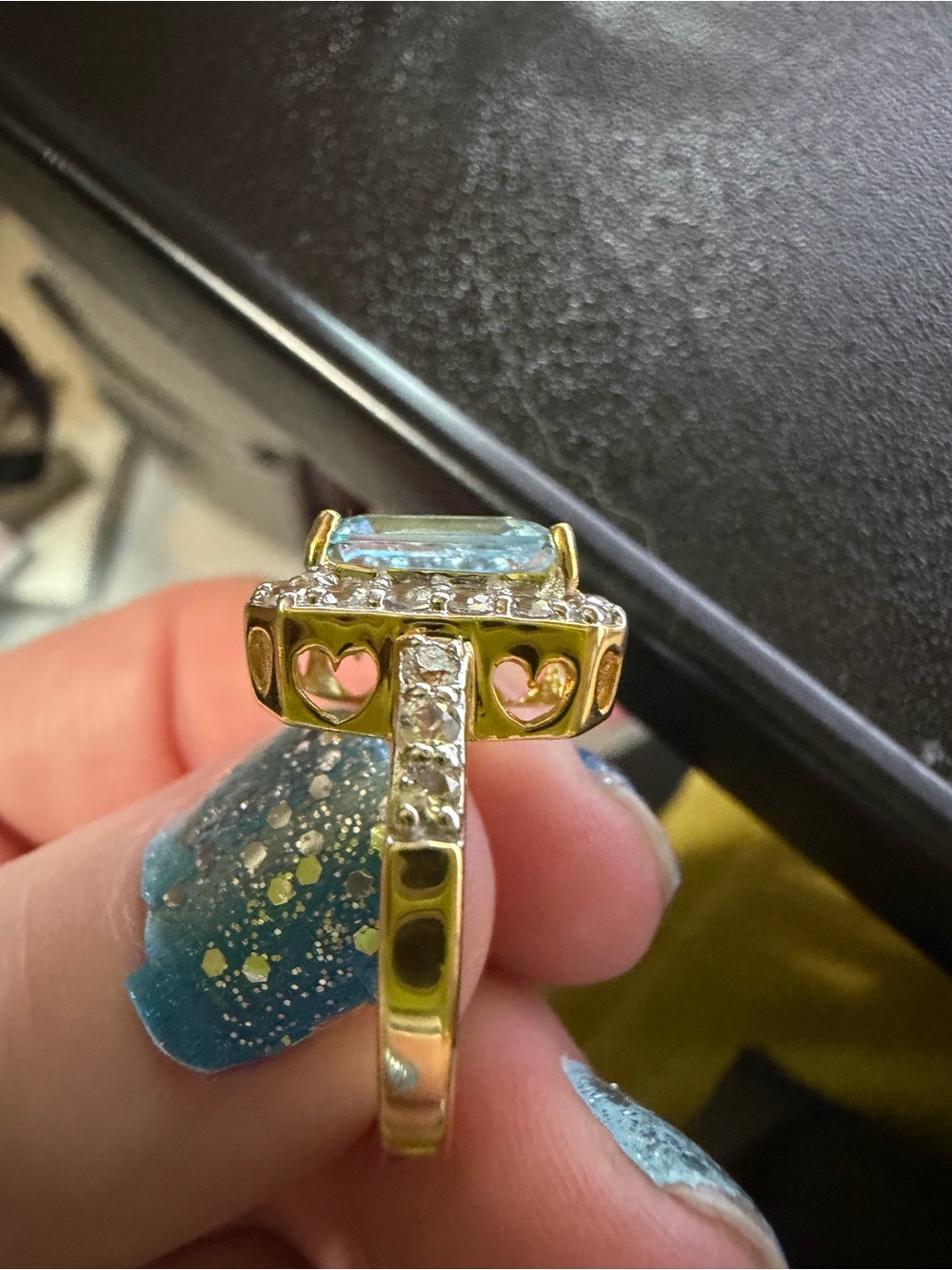 6 carat Blue topaz Emerald-Cut Halo Ring - Picture 3 of 5